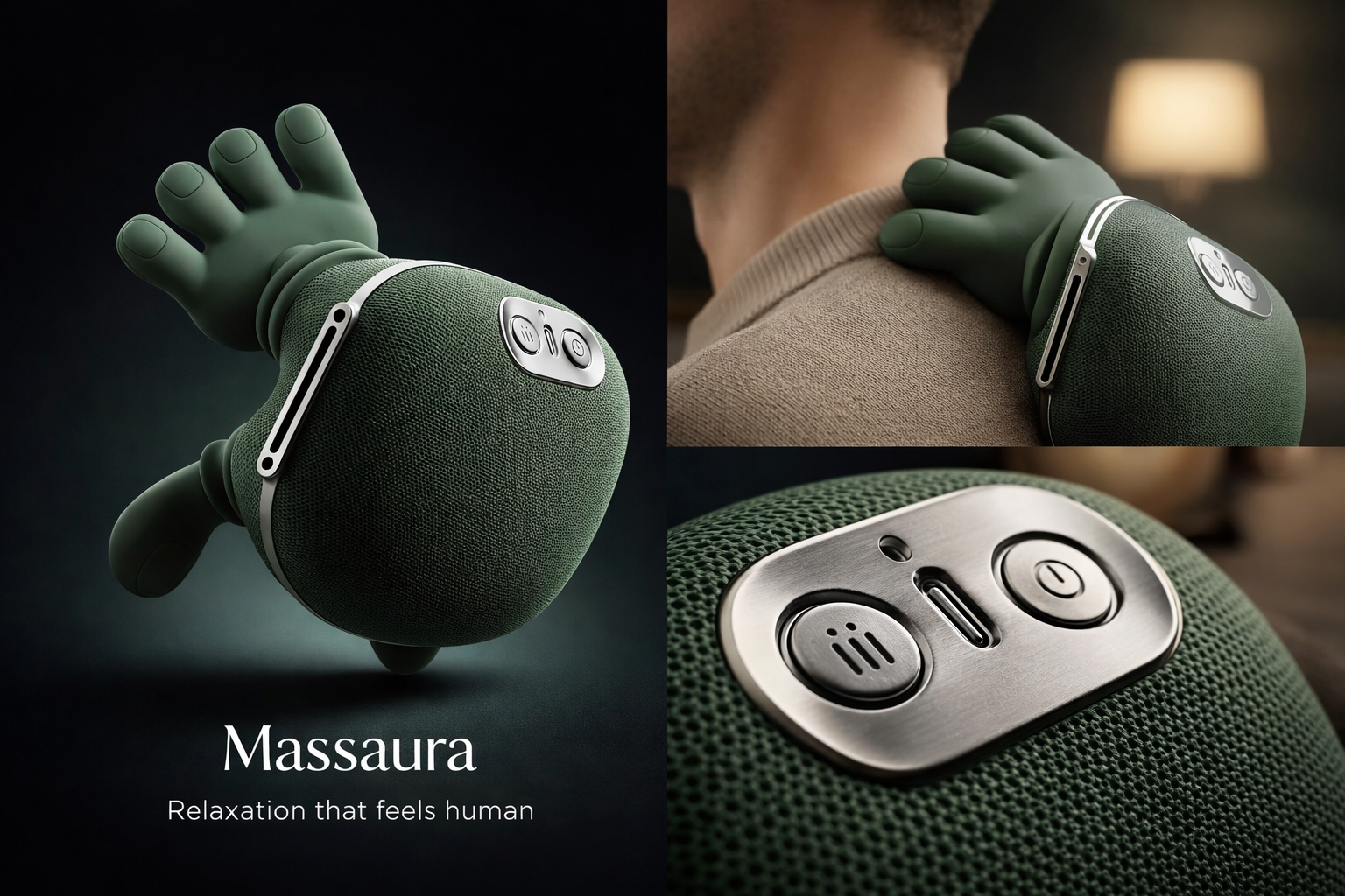 Green massage glove with control buttons, featuring the brand 'Massaura', on a dark background.