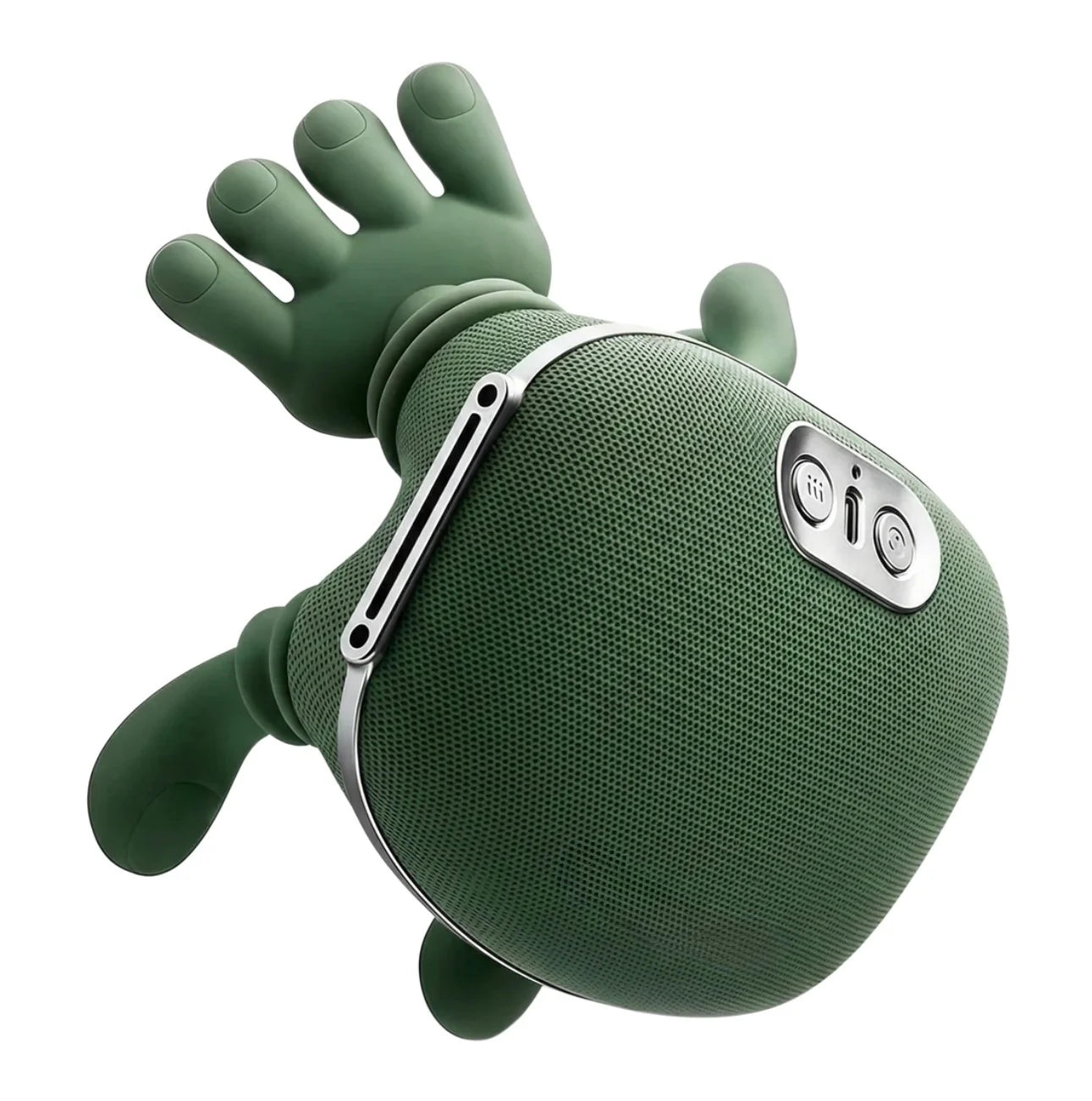Green portable massager shaped like a hand on a white background