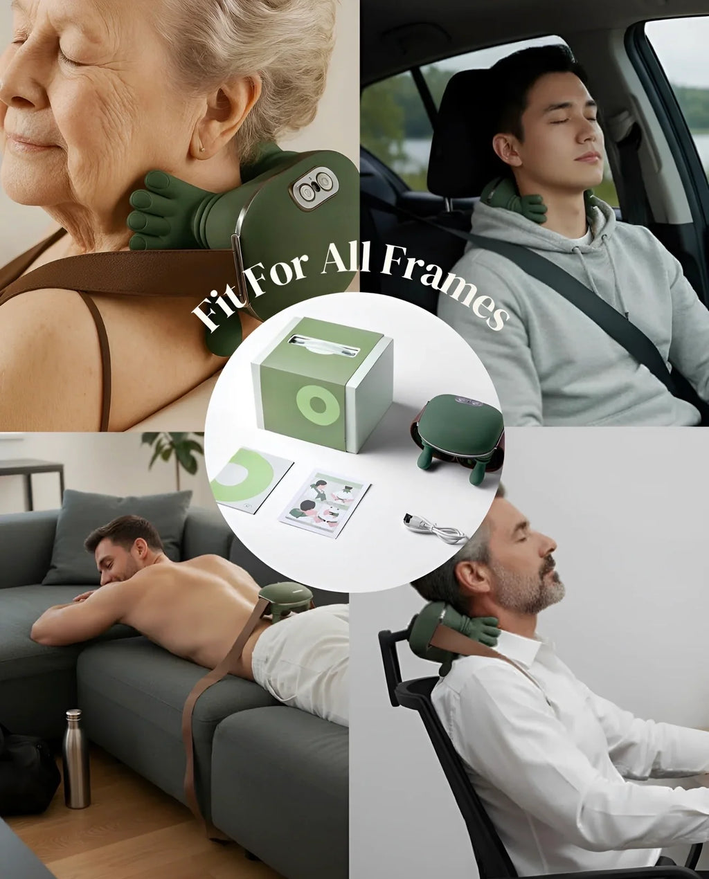 Collage of people using a neck massager massaura in various settings