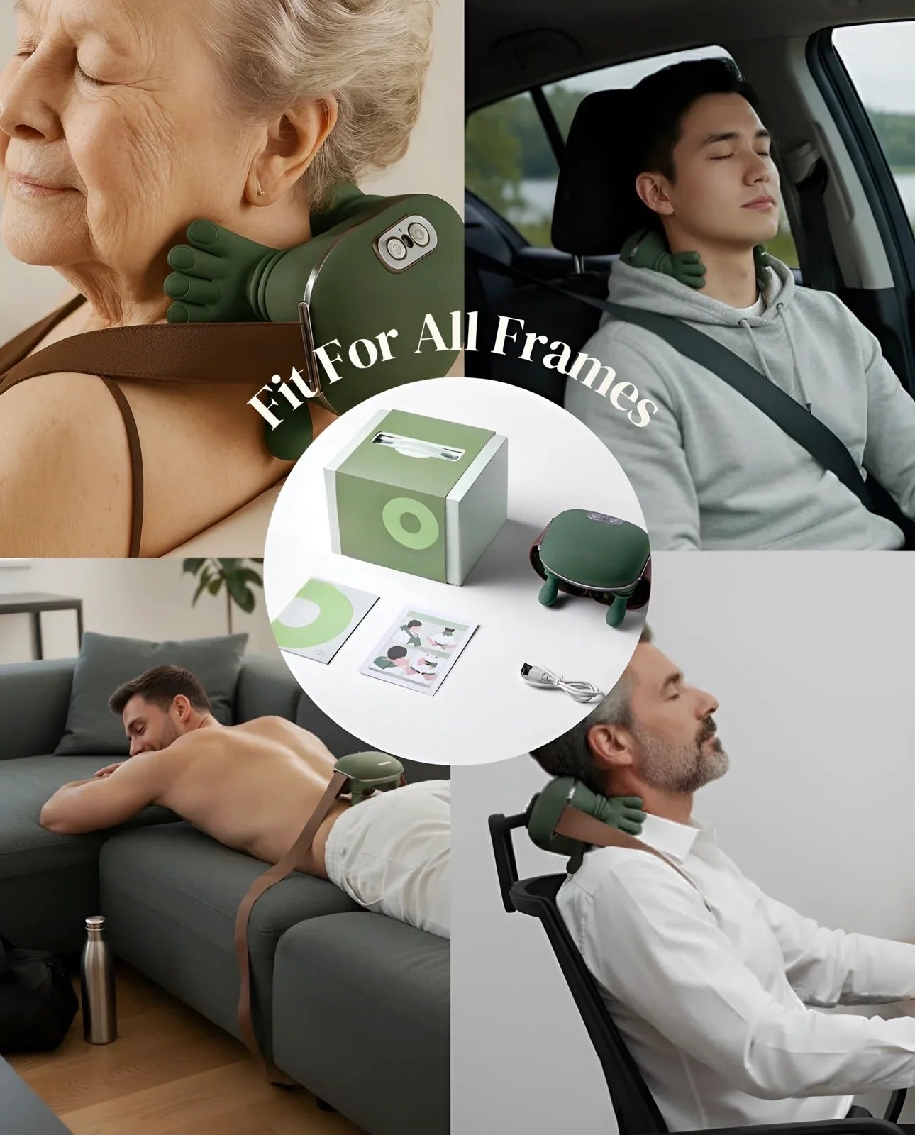 Collage of people using a neck massager massaura in various settings