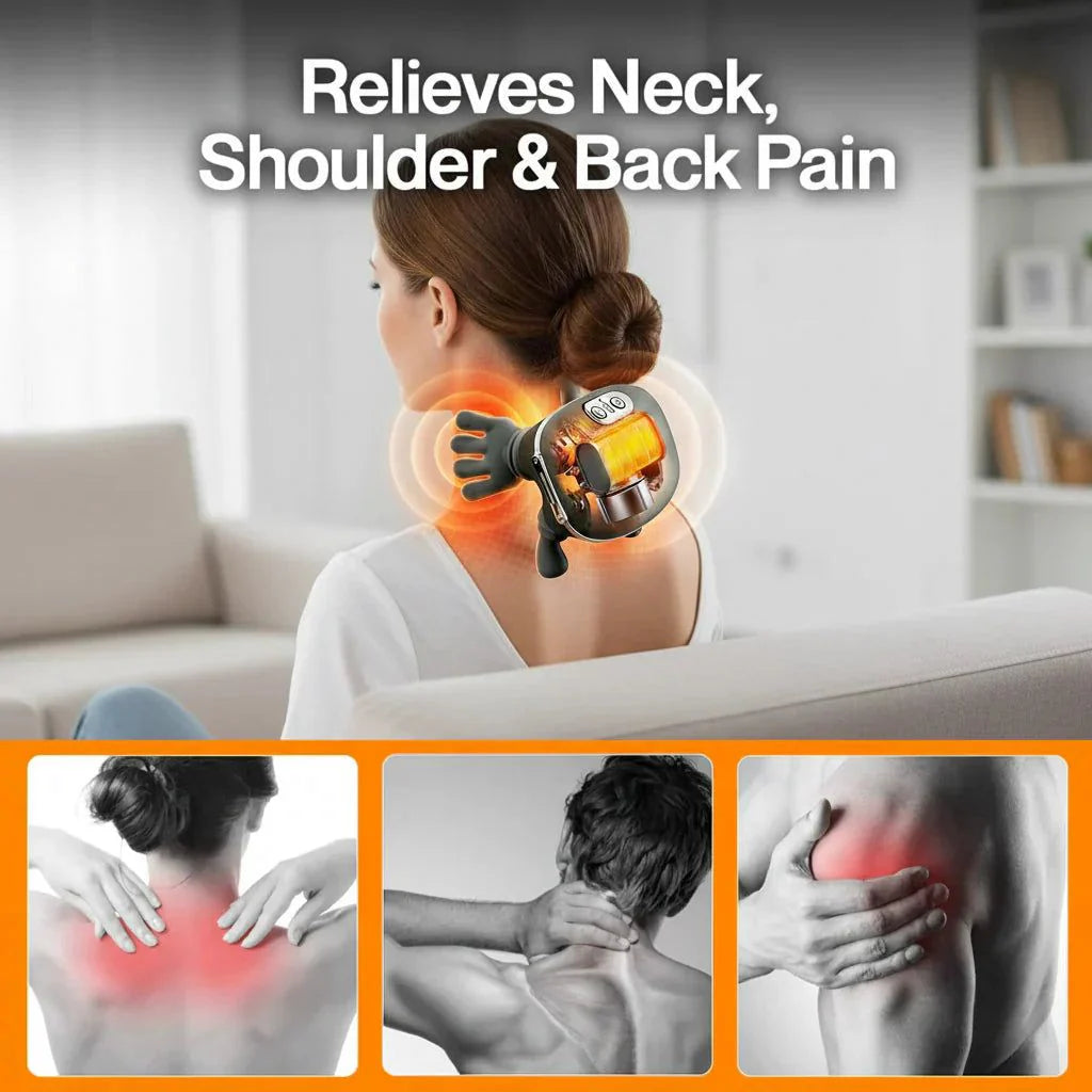 Person using a neck and shoulder massager with text 'Relieves Neck, Shoulder & Back Pain' in a home setting.